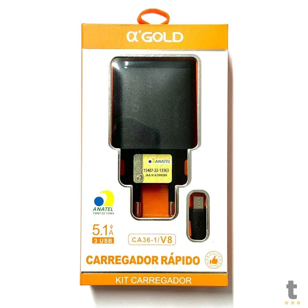 Carregador De Parede aGold 3 Usb C/ Cabo V8 5.1A - CA36-1 Truedata